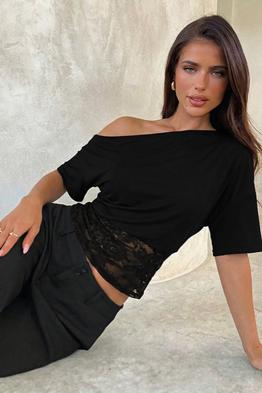 Asymmetrical Shoulder Lace Patchwork Cropped Tee