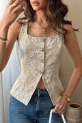 U Neck Jacquard Solid Button Detail Tank Top