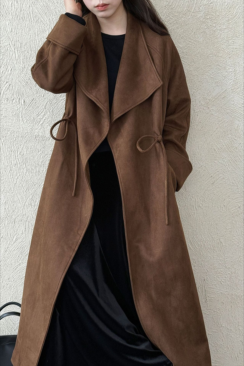 Drawstring Notch Collar Long Relaxed Overcoat