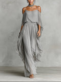 Set in chiffon grigio con canotta fluida e pantaloni a spalle scoperte