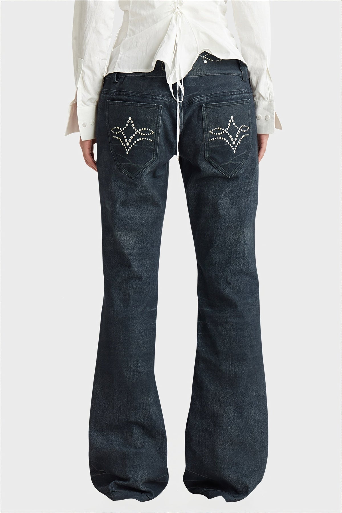 Ornate Scroll Print Washed Flare Jeans