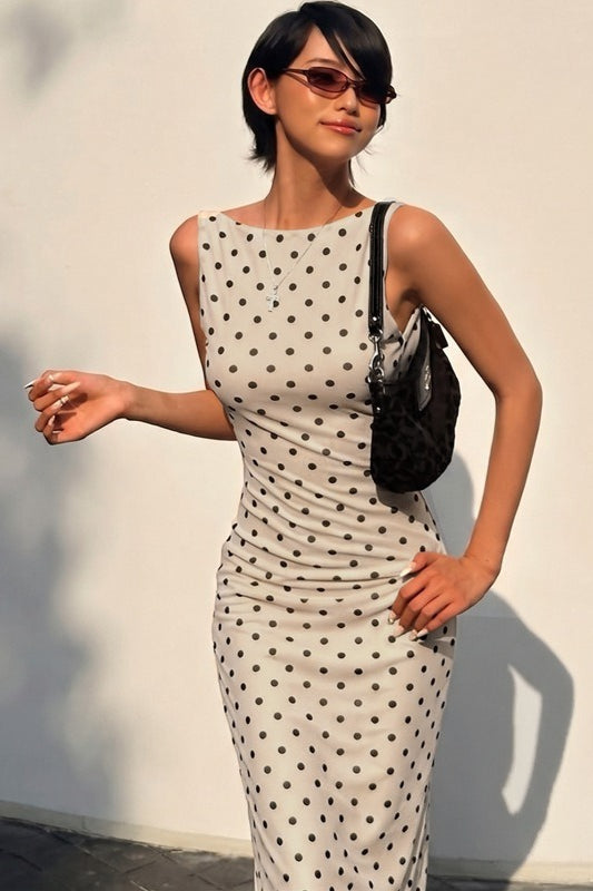 Apricot Polka Dot Backless Lace-Up Maxi Dress