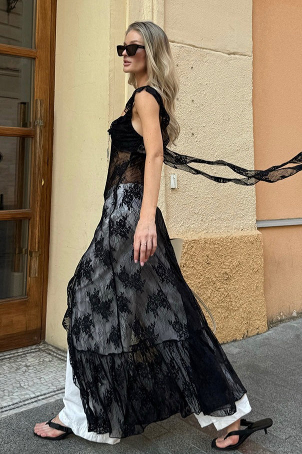 Black Elegant Lace Jacquard Cami Maxi Dress