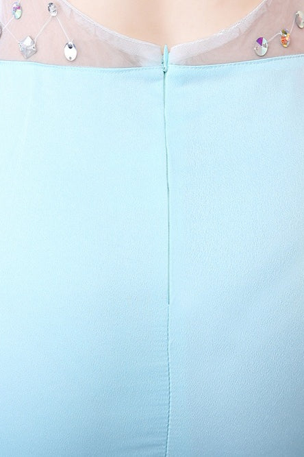 Transparente Azul Escote Profundo en V Vestido Maxi de Fiesta