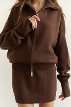 Zip High Neck Cardigan Mini Skirt Set