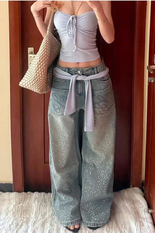 Vintage Rhinestone Wide Leg Jeans