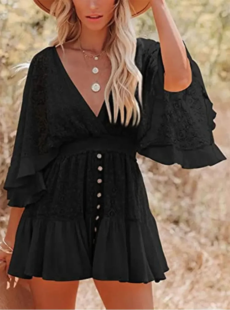 Lace V-Neck Ruffle Mini Boho Dress
