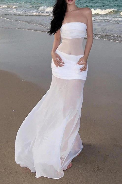 Sexy Sheer Mesh Strapless Vacation Dress