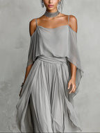 Grey Chiffon Set with Flowy Top and Cold-Shoulder Pants
