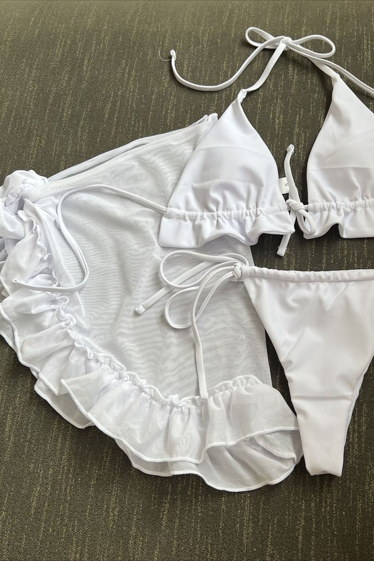 Ruffle Halter Tie Mesh Ruched Three Piece Swim Set