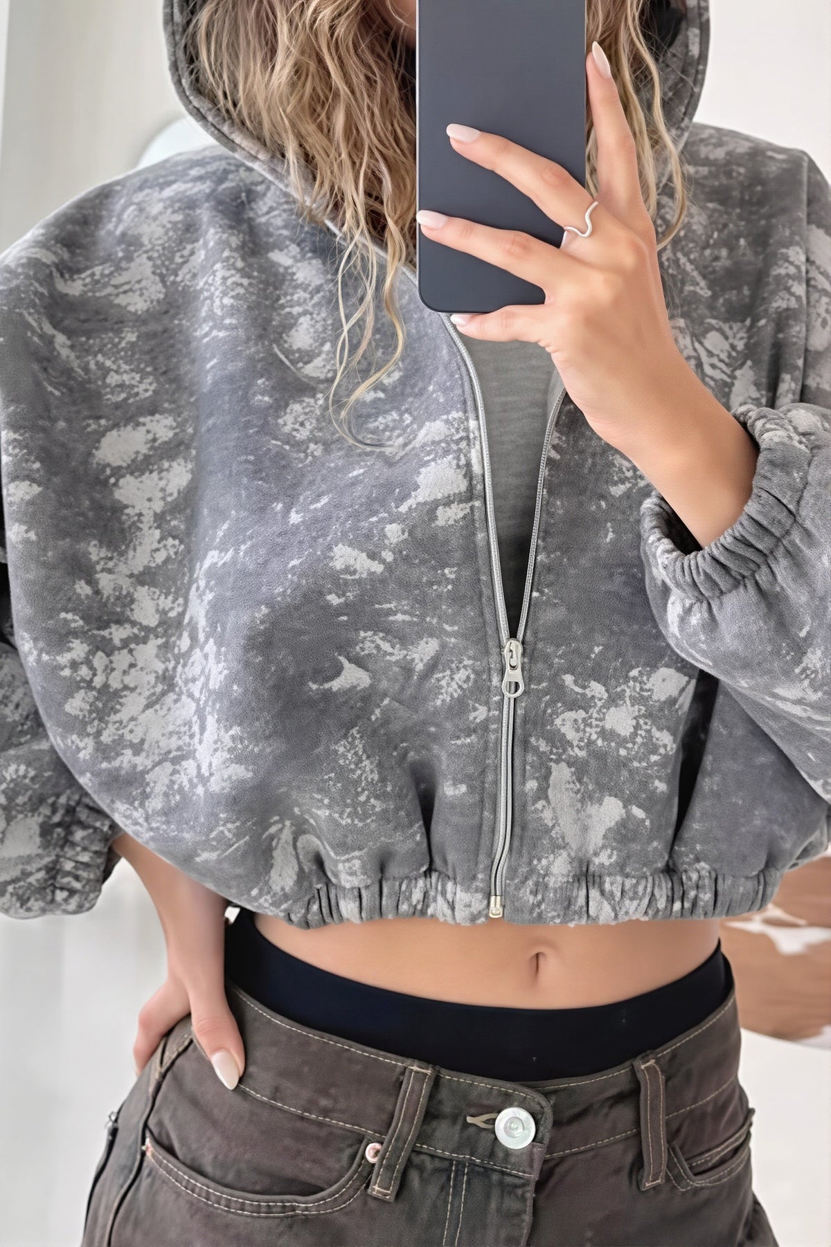 Tie Dye Print Cropped Zip Hoodie