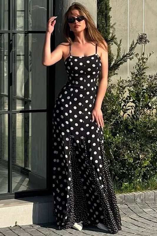 Black Polka Dot Contrast Patchwork Fitted Maxi Dress