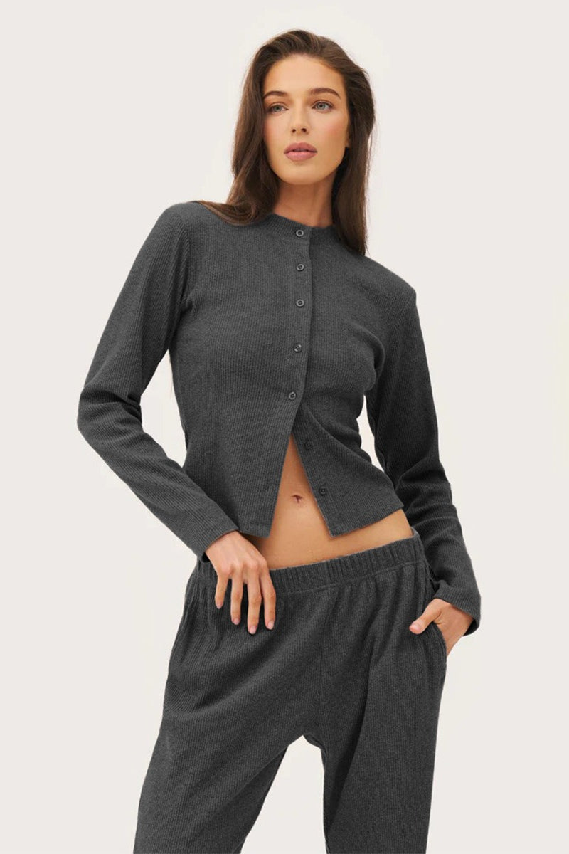 Ribbed Mock Neck Cardigan Pants Set