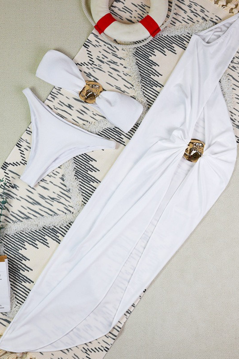 White Ruched High Slit Three Piece Swim Set