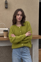 Textured Crew Neck Button Up Knit Cardigan