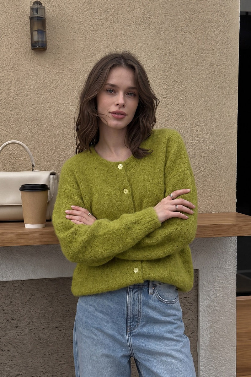 Textured Crew Neck Button Up Knit Cardigan