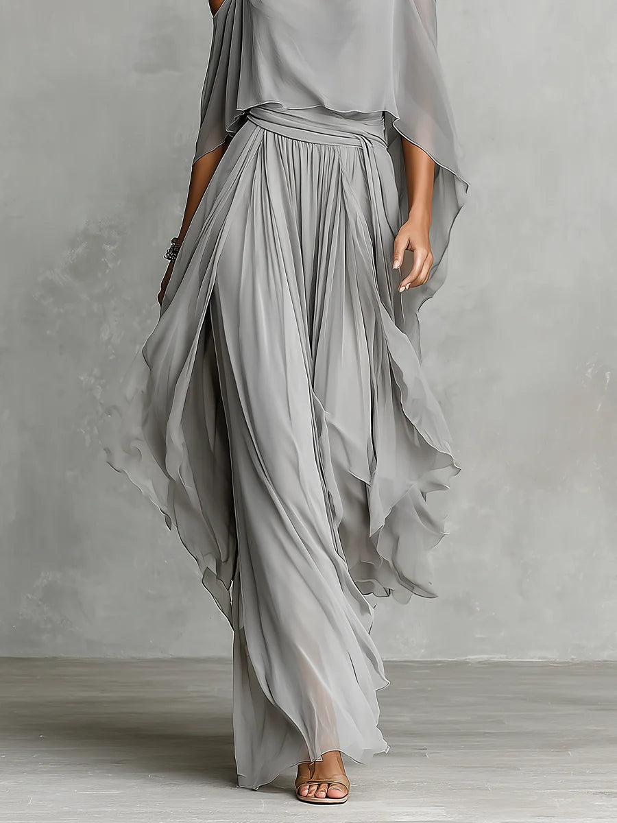 Set in chiffon grigio con canotta fluida e pantaloni a spalle scoperte