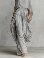 Grey Chiffon Set with Flowy Top and Cold-Shoulder Pants