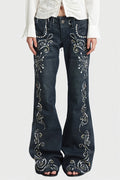 Ornate Scroll Print Washed Flare Jeans