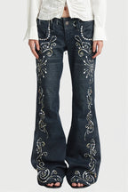 Ornate Scroll Print Washed Flare Jeans
