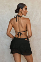 Three-piece swimsuit with lace-tie skirt