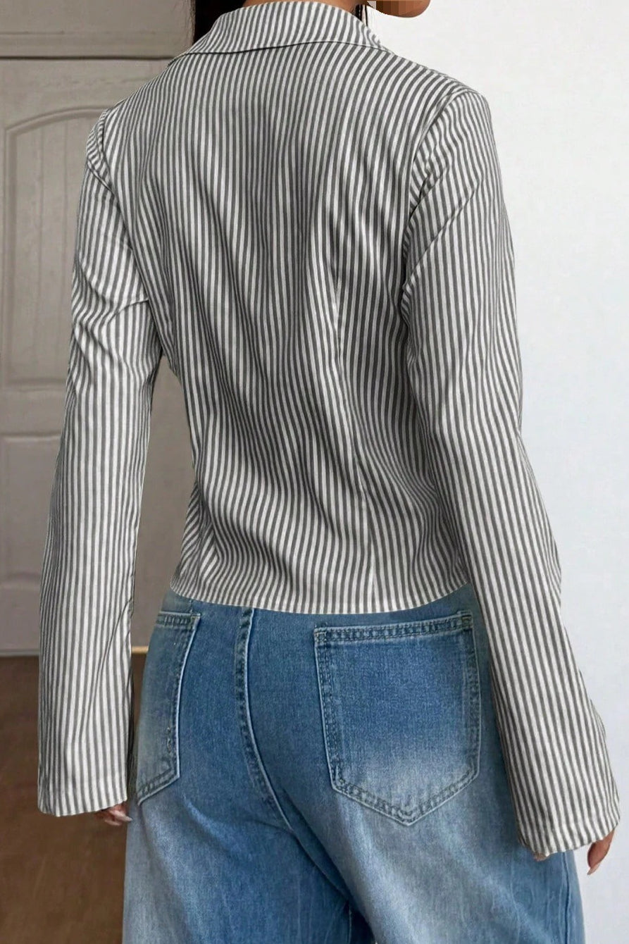 Escote en V A Rayas Manga Larga Blusa