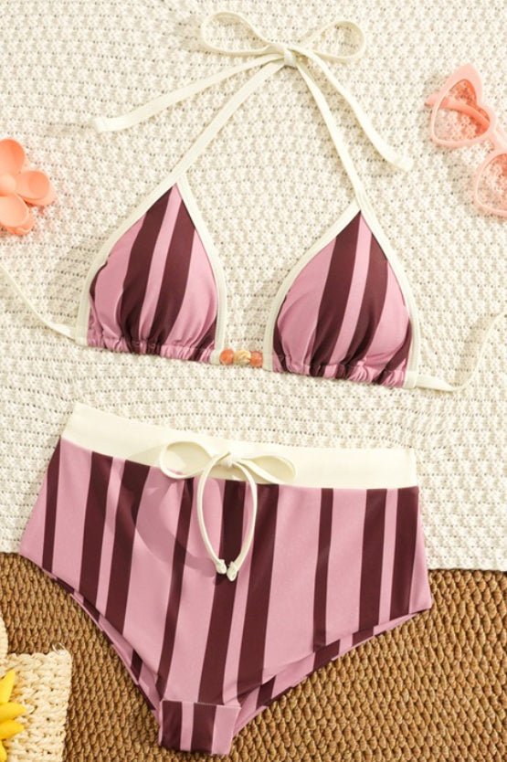 Striped Triangle Halter Two Piece Swim Set