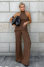 Green halter neck top and pleated wide-leg pants set