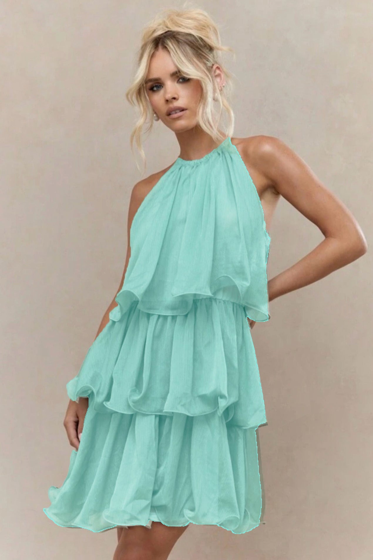 Halter Sleeveless Tiered Ruffle Vacation Dress