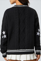 V Neck Star Motif Cable Knit Cardigan