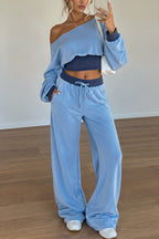 Off Shoulder Cropped Sweatshirt Pants Set