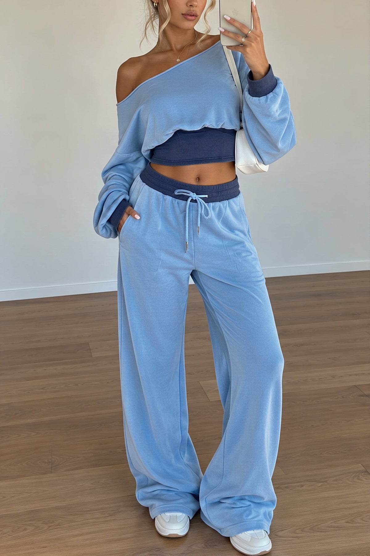 Off Shoulder Cropped Sweatshirt Pants Set