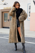 Long faux fur coat with V-neck