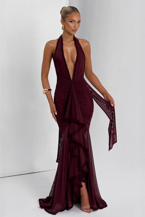 Sexy Escote Profundo en V Halter Sirena Vestido de Fiesta