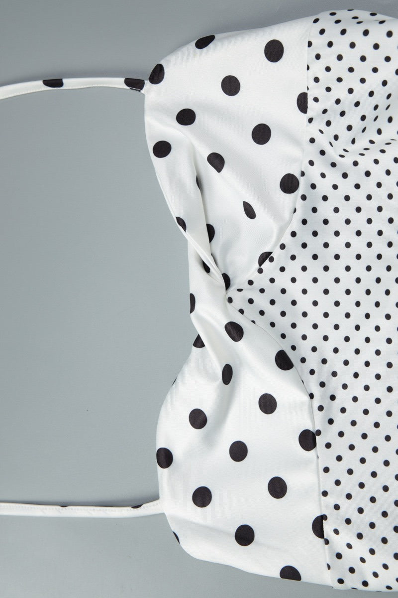 Retro Polka Dot Patchwork Halter Ruched Maxi Dress