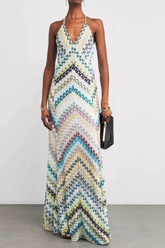 Contrast Color V-Neck Boho Dress