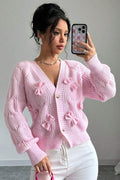 Bow Applique V Neck Button Knit Cardigan
