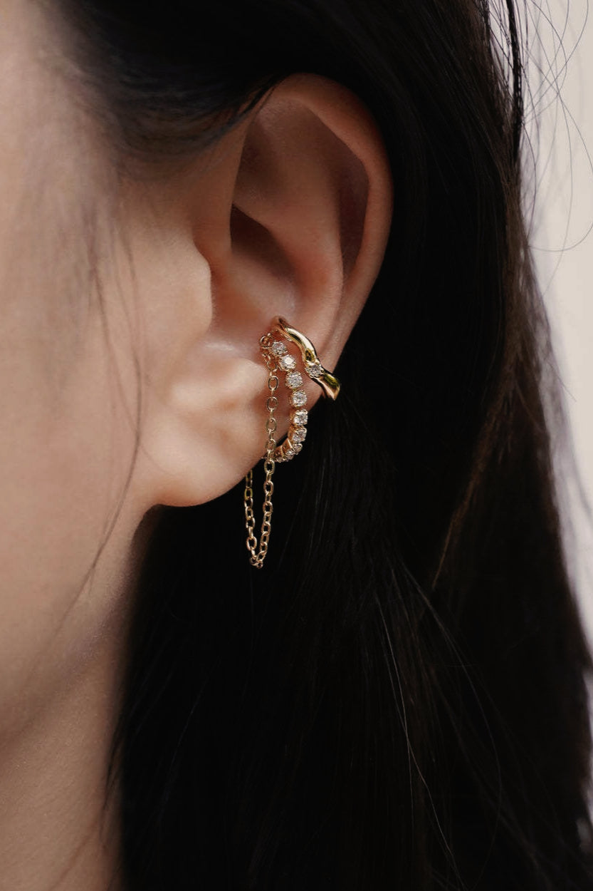 Oro 18K Circonita Con Flecos Aretes tipo Cuff