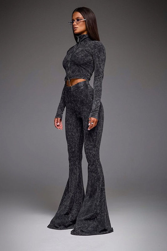 Sexy Zip Front Crop Top Flared Pants Set