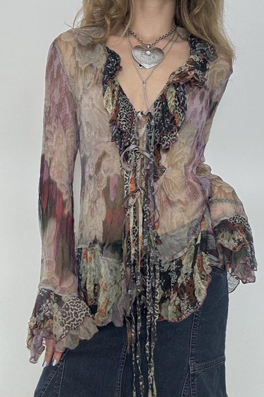 Vintage Tie Dye Ruffle Lace Up Mesh Flare Sleeve Blouse