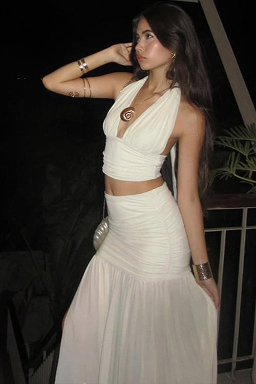 Chic Solid V Neck Mesh Slit Skirt Set