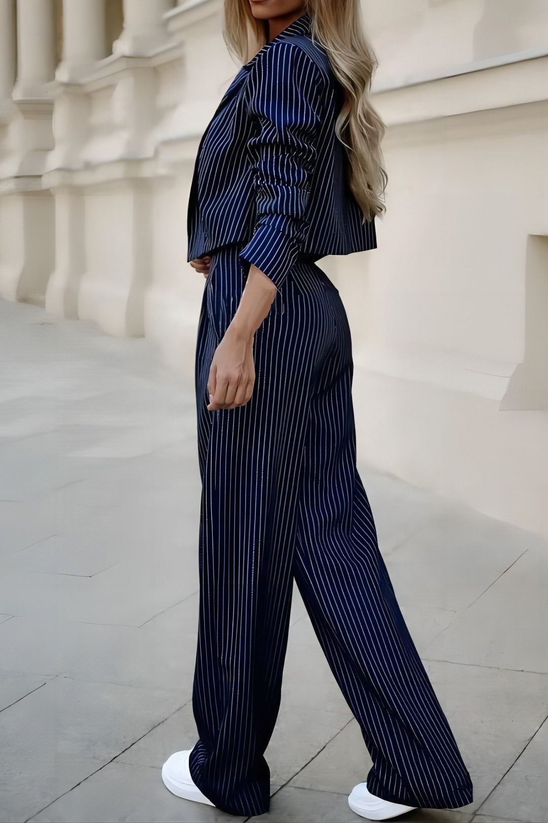 Two-piece casual set: striped cropped blazer and trousers