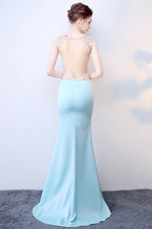 Transparente Azul Escote Profundo en V Vestido Maxi de Fiesta