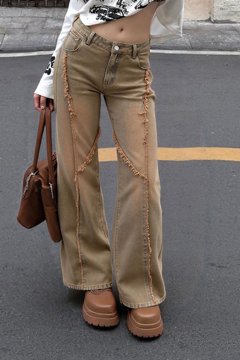Distressed Frayed Detail Panel Straight Leg Jeans