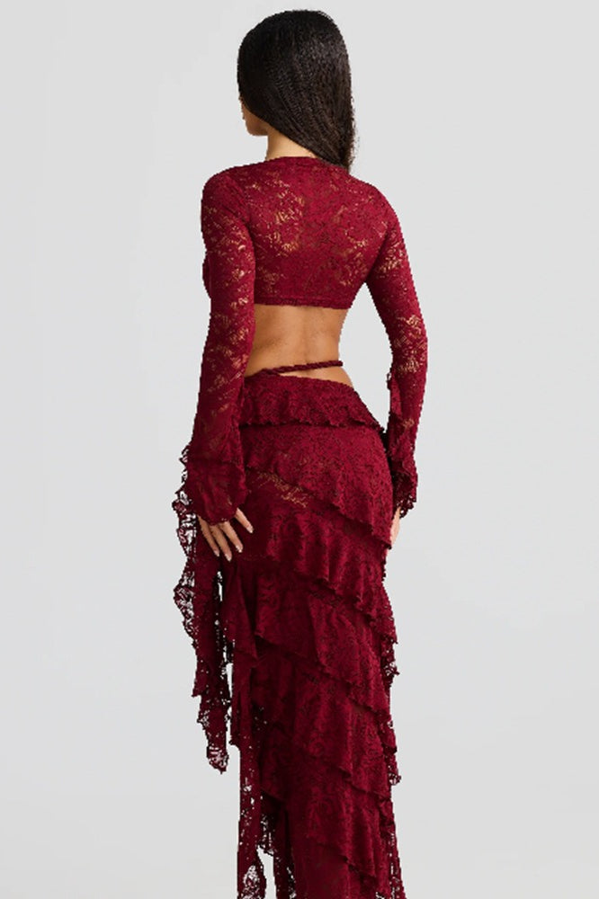 Lace Trim Layered Ribbon Tie Skirt Set