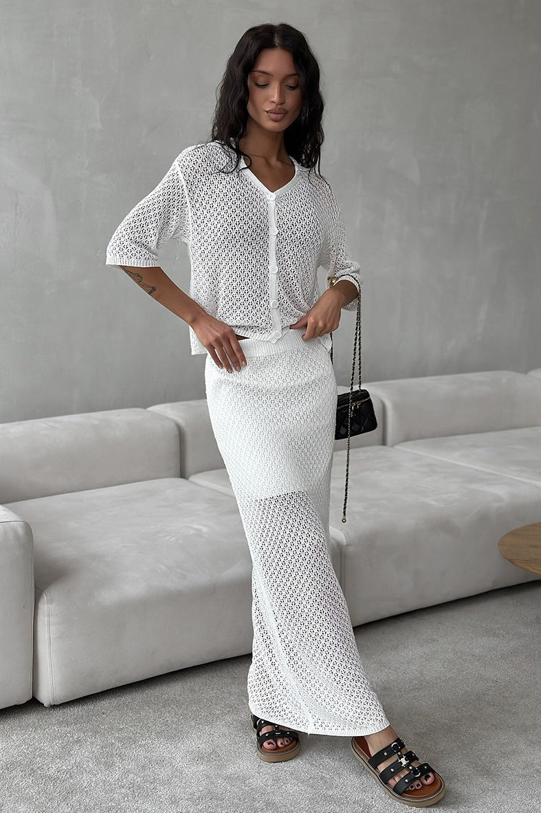 Openwork Collared Cardigan Maxi Skirt Set