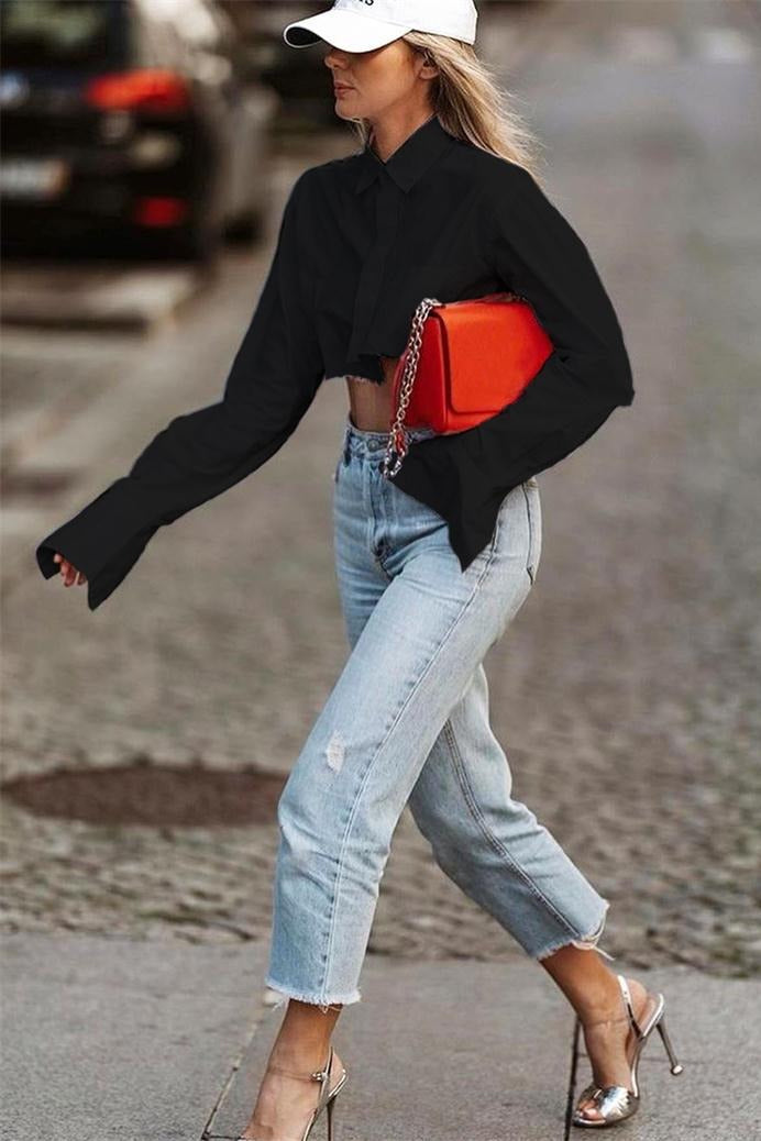 Corto (Cropped) Manga Larga Algodón Blusa