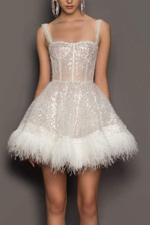 Con Plumas Lentejuelas Sin Tirantes Vestido de Fiesta