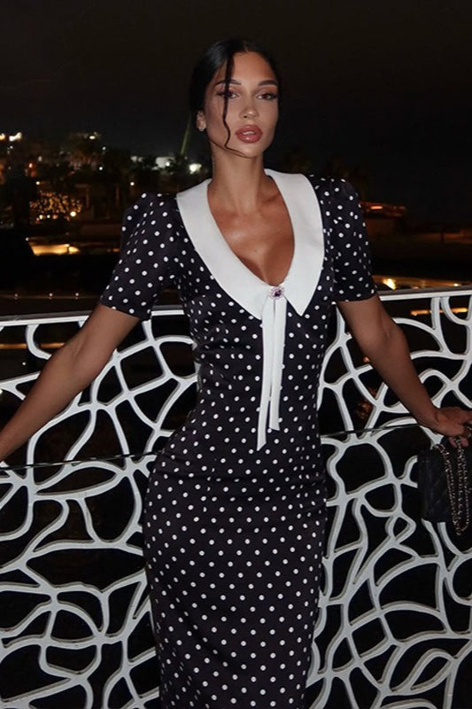 Lunares Escote en V Manga Globo Ajustado Vestido Maxi