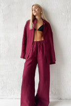 Conjunto de camisa de algodón de manga larga con botones y pantalones